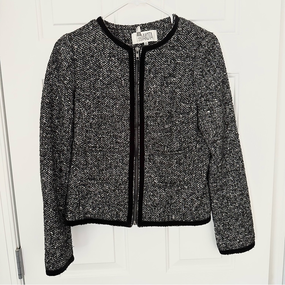BB Dakota Black White Marled Tweed Zip Jacket Coat Velvet Trim Wool Blend Sz 4